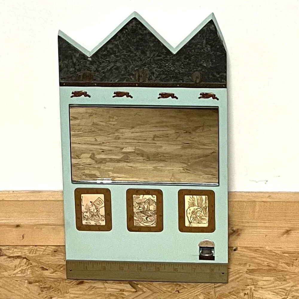 Vintage Handmade Sage Green Alice in Wonderland Themed Mirror on Wood w/Trinkets
